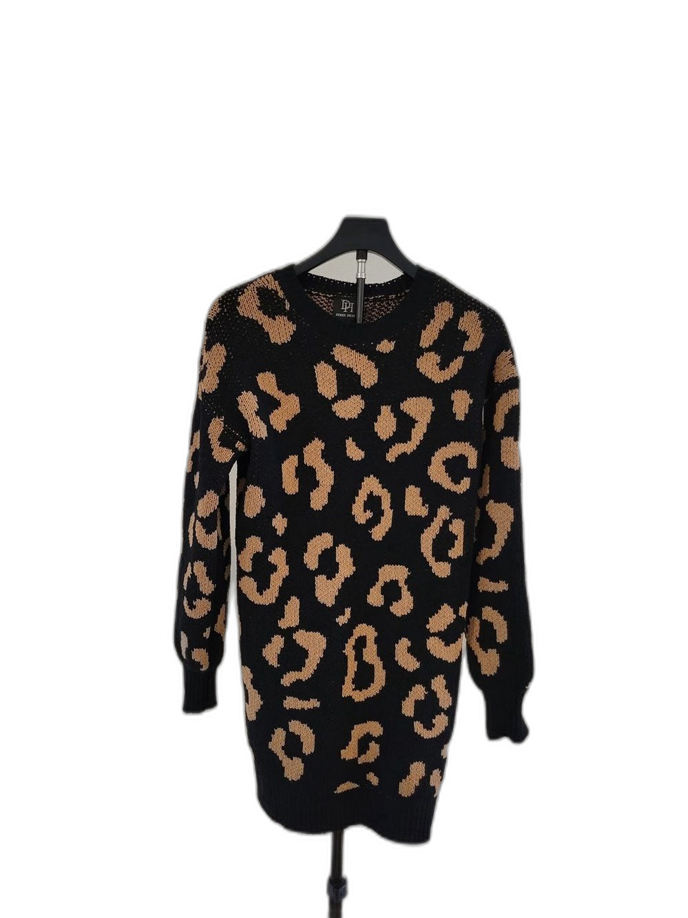 Derek Heart Leopard Print Knit Sweater Tunic Black Tan Long Sleeve Women’s
